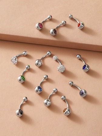 12pcs Rhinestone Decor Random Color Belly Ring, Stainless Steel Jewelry