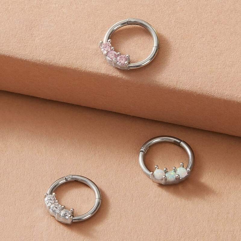 

3pcs Rhinestone Decor Nose Ring, Silver