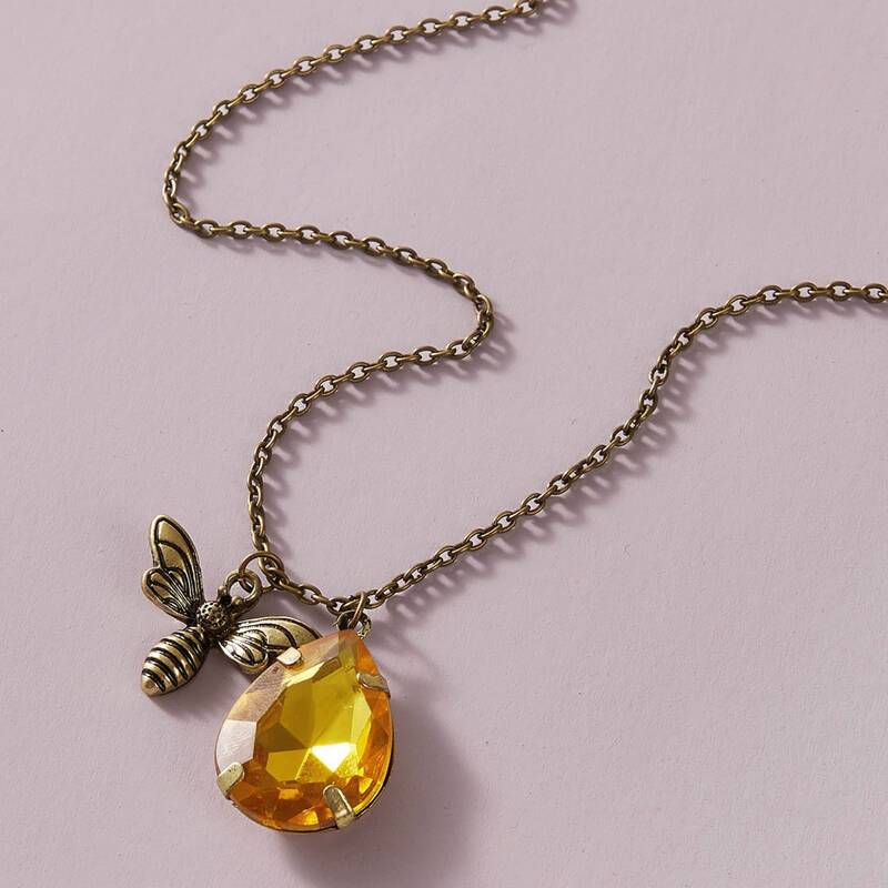 

1pc Gemstone & Bee Pendant Necklace, Multicolor