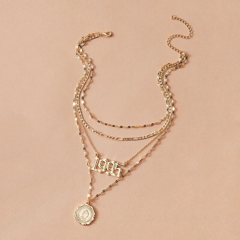 

1pc Letter & Coin Pendant Layered Necklace, Gold