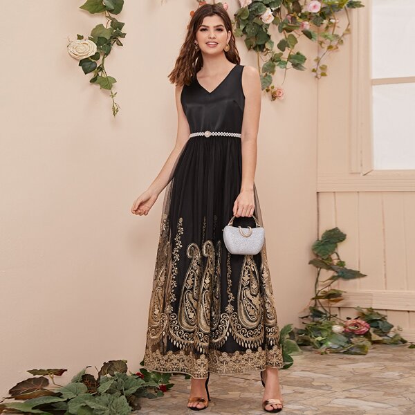 

Embroidery Mesh Sleeveless Dress Without Belt, Black