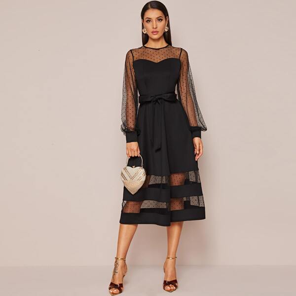 

Платье с сетчатым плечом и поясом, Чёрный