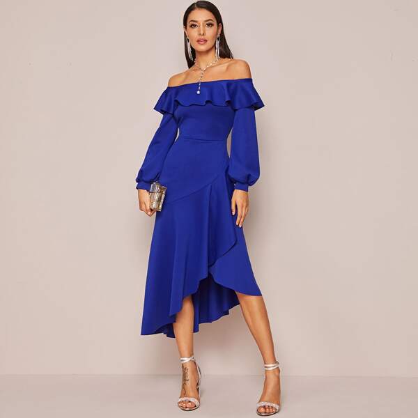 

Off Shoulder Ruffle Trim Asymmetrical Hem Dress, Blue