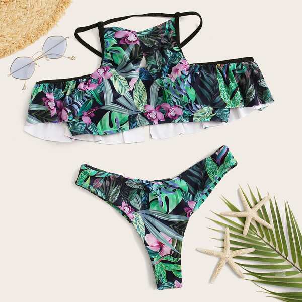 

Random Tropical Ruffle Trim High Leg Bikini Swimsuit, Multicolor