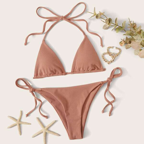 

Ribbed Triangle Tie Side Bikini Swimsuit, Pink