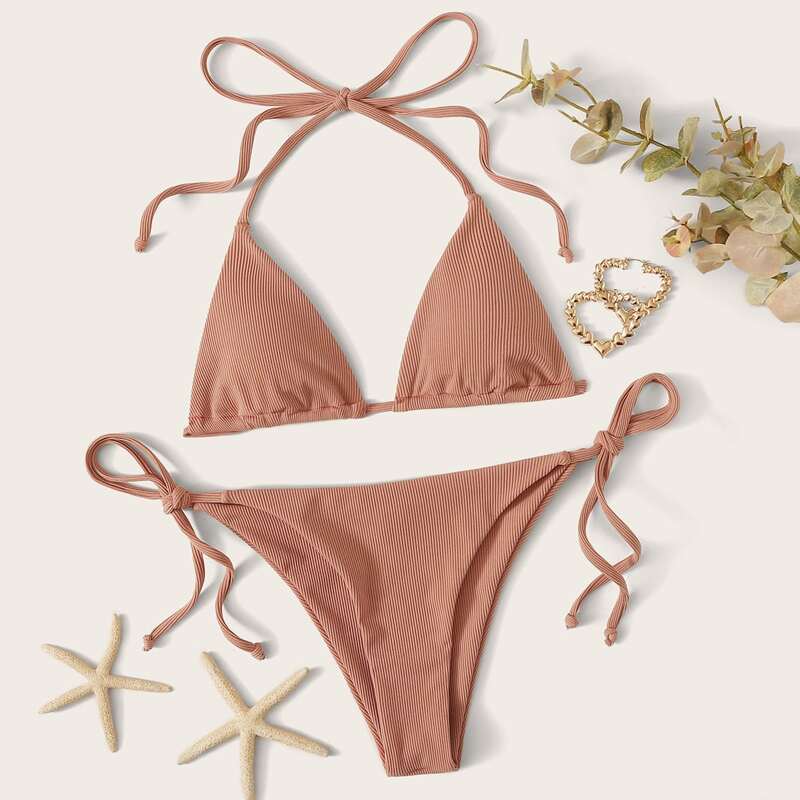 

Ribbed Triangle Tie Side Bikini Swimsuit, Pink