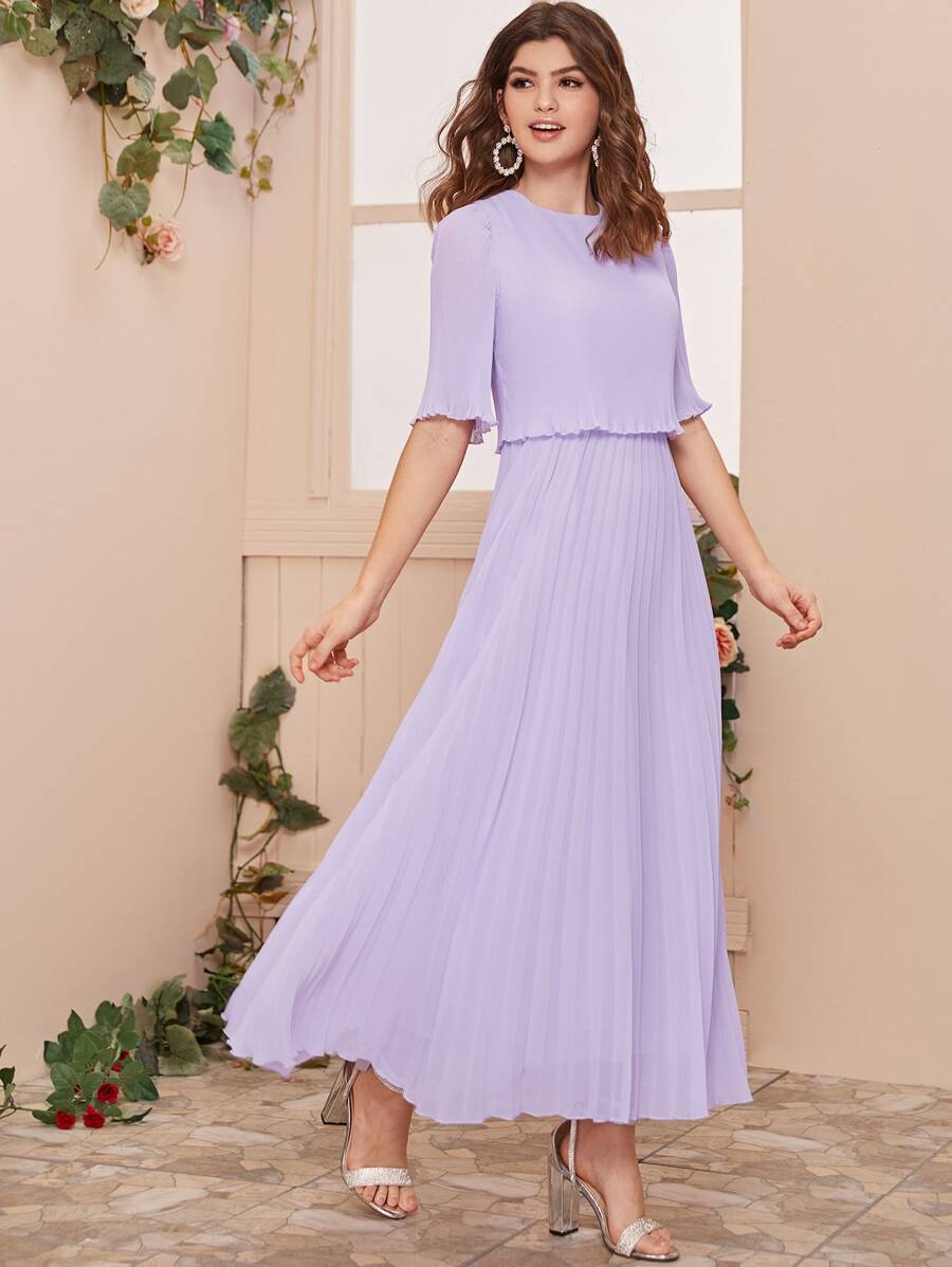 SHEIN Split Back Pleated Solid Dress - Purple - View 1