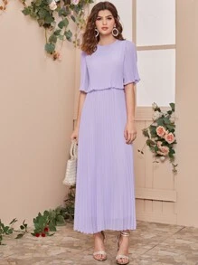 SHEIN Split Back Pleated Solid Dress - Purple - View 3