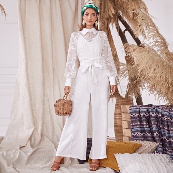 

Collared Embroidery Bodice Paperbag Waist Wide Leg Jumpsuit, White
