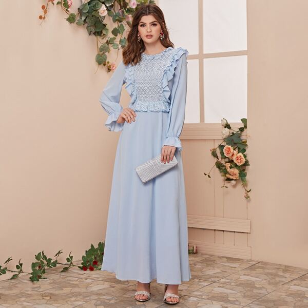 

Lace Panel Ruffle Trim Solid Maxi Dress, Blue pastel