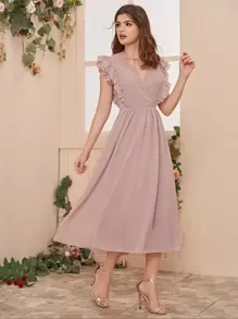 Seusyu Surplice Neck Lace Trim Ruffle Armhole Swiss Dot Dress - Pink - View 1