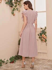 Seusyu Surplice Neck Lace Trim Ruffle Armhole Swiss Dot Dress - Pink - View 2