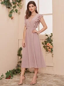 Seusyu Surplice Neck Lace Trim Ruffle Armhole Swiss Dot Dress - Pink - View 5