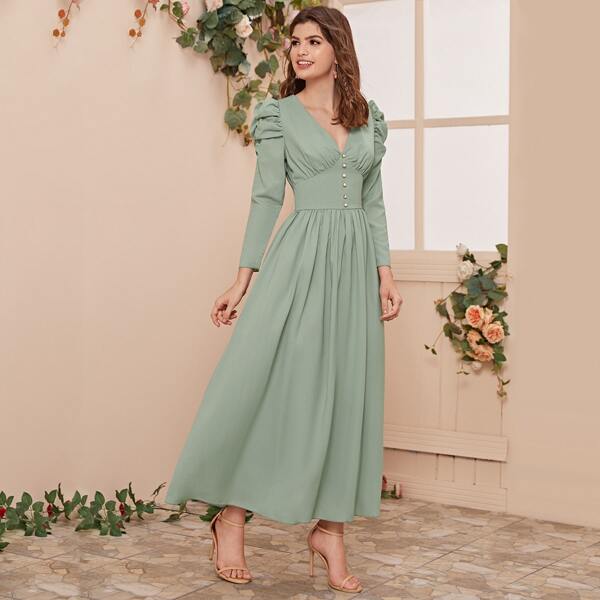 

Ruched Sleeve Wide Waistband Buttoned Dress, Green