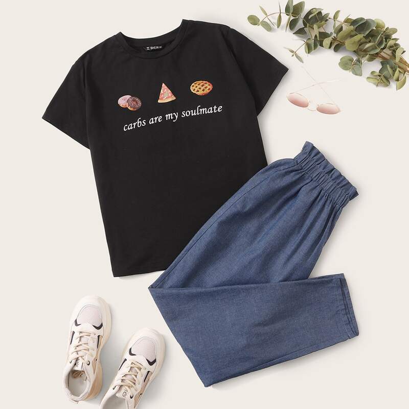 

Mixed Print Tee and Paperbag Waist Pants Set, Multicolor