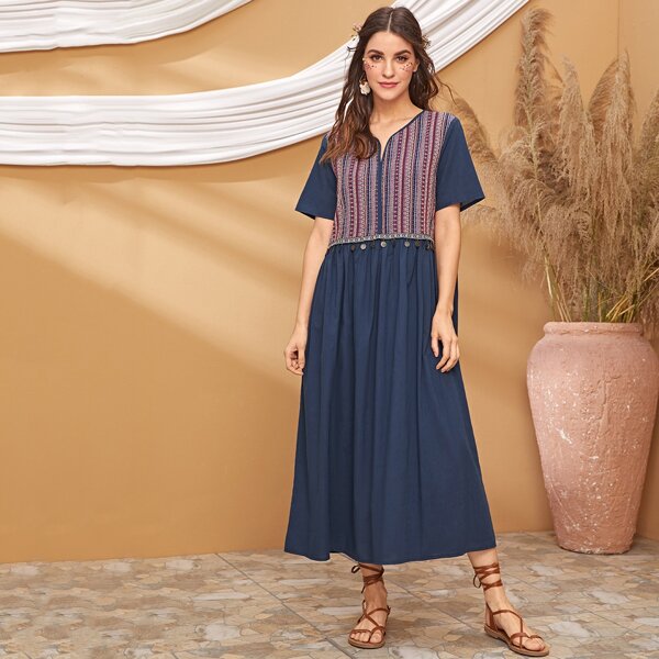 

Tribal Panel Metal Disc Trim Smock Dress, Navy blue