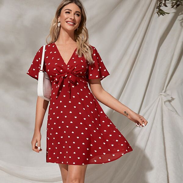 

Surplice V-neck Tie Front Heart Dress, Burgundy