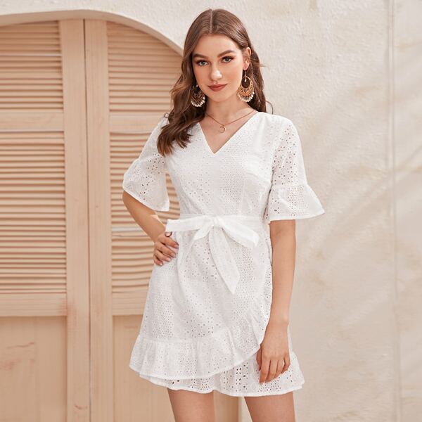

Ruffle Hem Belted Tie Back Wrap Schiffy Dress, White