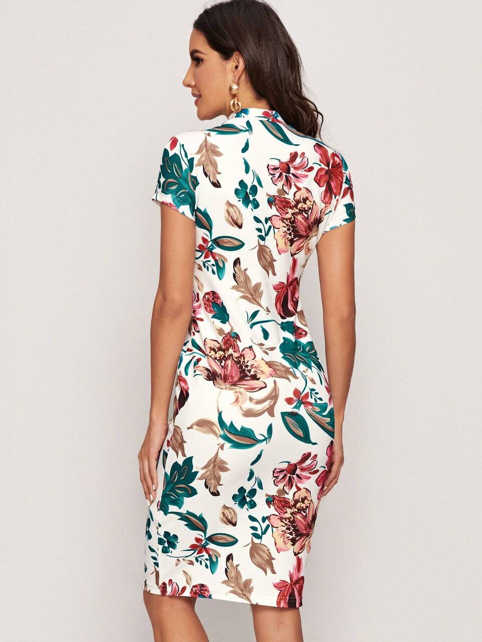 Floral Print Mock Neck Bodycon Dress,Summer Dresses For Women