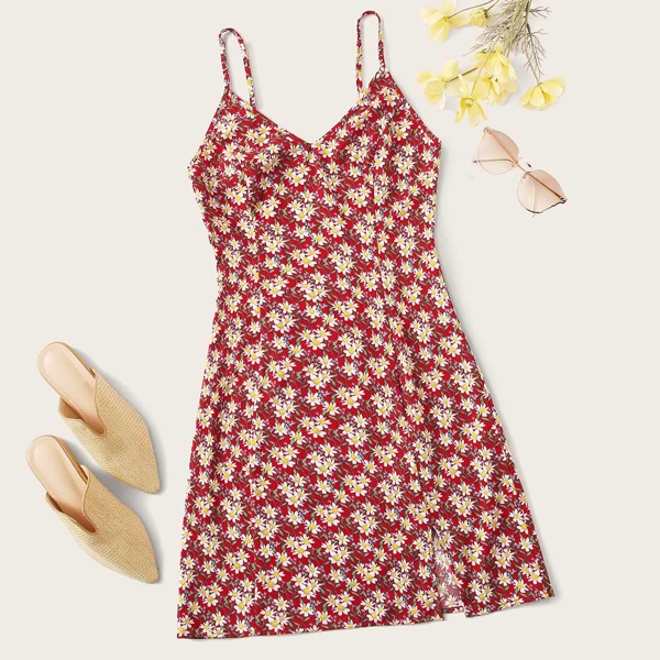 

Daisy Print Split Hem Sundress, Multicolor