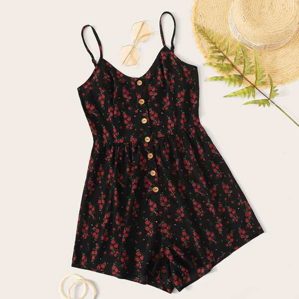

Button Front Ditsy Floral Cami Romper, Black