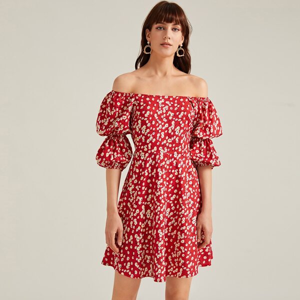 

Ditsy Floral Print Bishop Sleeve Bardot Dress, Red