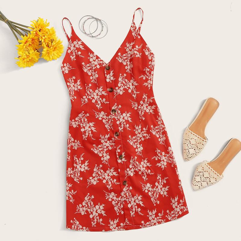 

Plants Print Button Front Cami Dress, Red