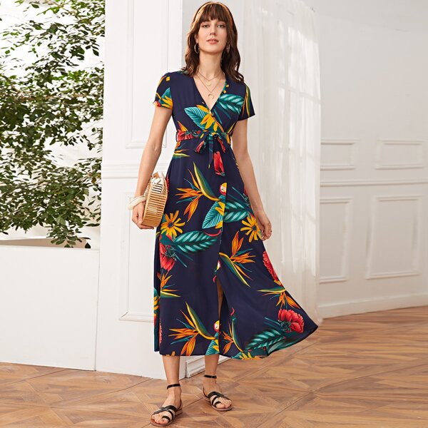 

Tropical Print Belted Wrap Dress, Multicolor