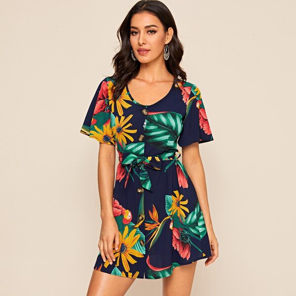 

Tropical Print Self Tie Dress, Multicolor