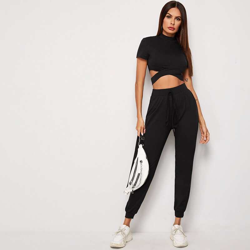 

Mock Neck Crisscross Crop Top & Joggers Set, Black