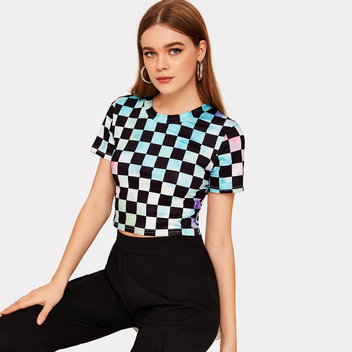 

Colorful Checkered Short Sleeve Tee, Multicolor