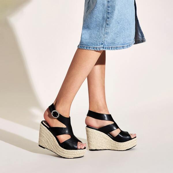

Peep Toe Slingback Espadrille Wedges, Black