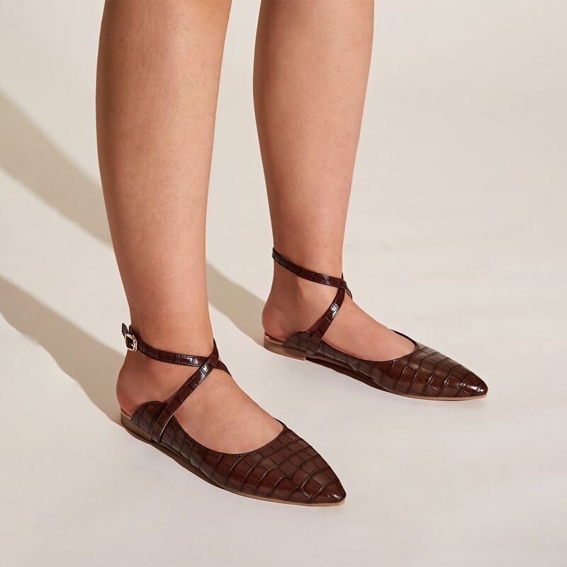 

Croc Embossed Ankle Strap Flats, Brown
