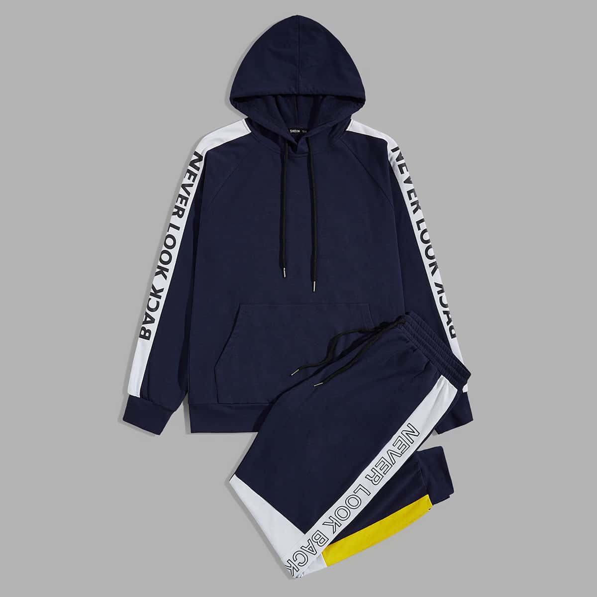 

Guys Slogan Graphic Pouch Pocket Hoodie & Sweatpants Set, Navy