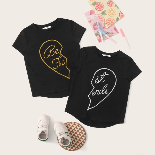

Girls 2pcs Glitter Letter Graphic Top, Black