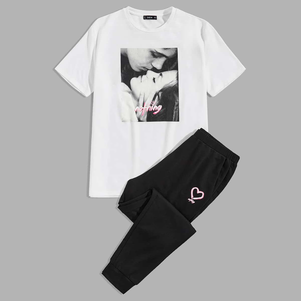 

Guys Figure Graphic Top & Heart Print Sweatpants Set, Black and white
