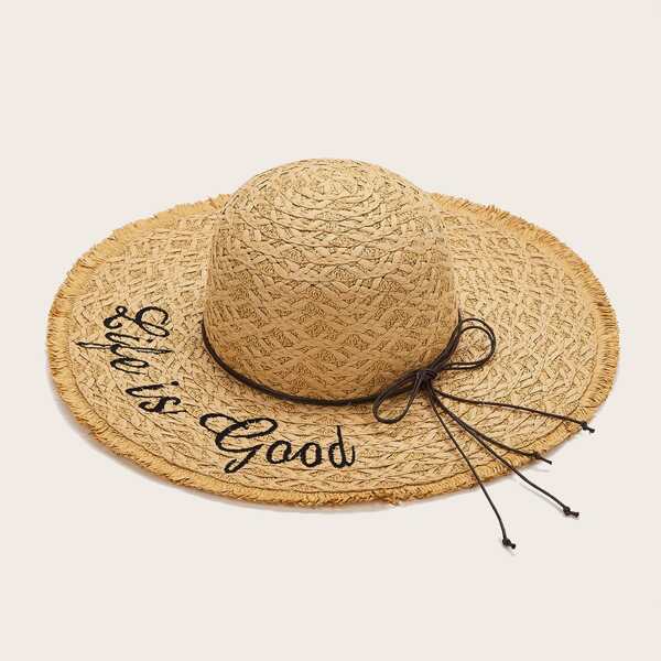 

Slogan Embroidered Straw Hat, Khaki