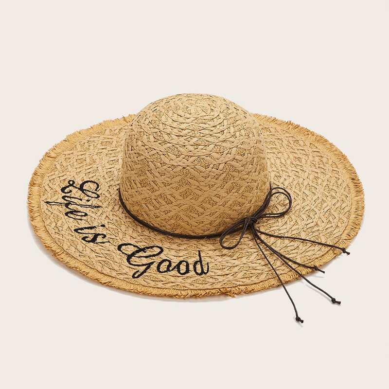 

Slogan Embroidered Straw Hat, Khaki