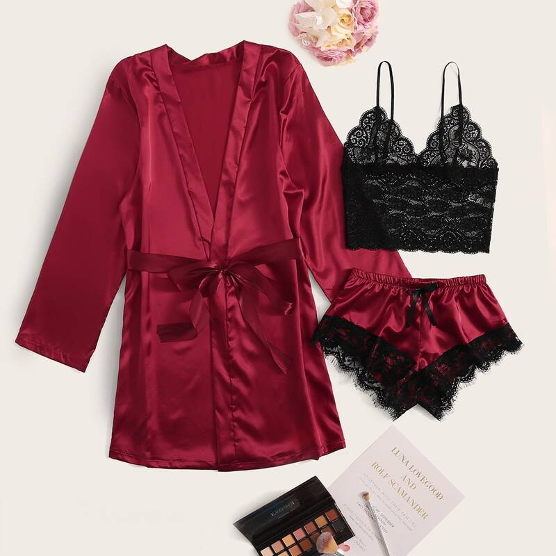 

3pack Contrast Lace Satin Lingerie Set & Belted Robe, Burgundy