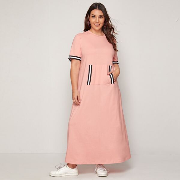 

Plus Striped Tape Detail Patch Pocket Dress, Pink