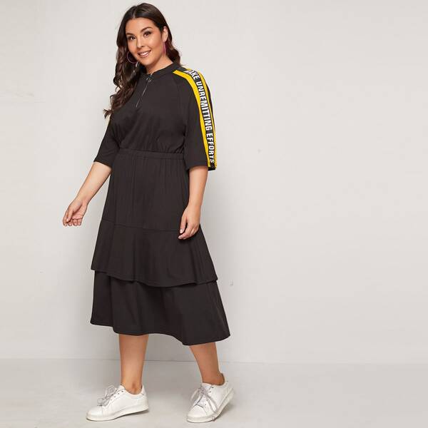 

Plus Zip Half Placket Slogan Graphic Raglan Sleeve Dress, Black