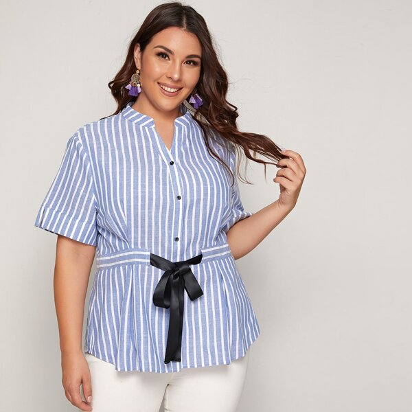 

Plus Drawstring Waist Striped Blouse, Blue