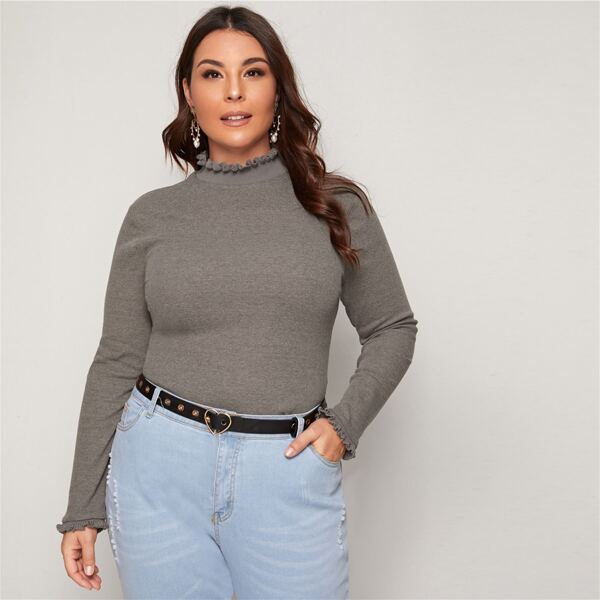 

Plus Frill Trim Rib-knit Tee, Grey