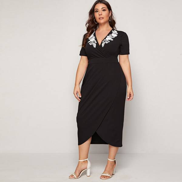 

Plus Surplice Neck Appliques Front Wrap Dress, Black