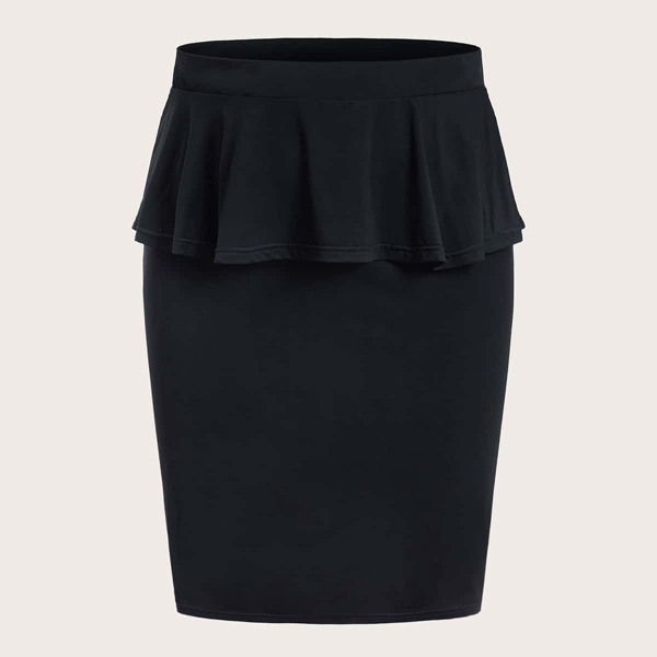 

Plus Ruffle Trim Solid Pencil Skirt, Black