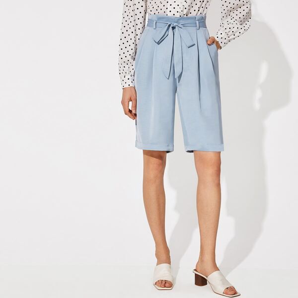 

Fold Pleated Waist Belted Shorts, Blue pastel