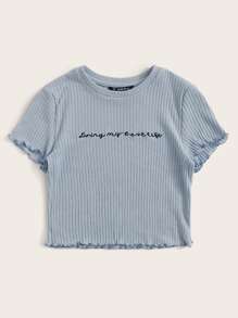 SHEIN Qutie 刺繡標語生菜邊羅紋針織t恤 - 藍色 - 查看 3