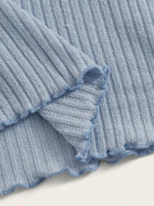 SHEIN Qutie 刺繡標語生菜邊羅紋針織t恤 - 藍色 - 查看 4