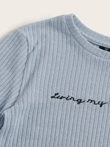 SHEIN Qutie 刺繡標語生菜邊羅紋針織t恤 - 藍色 - 查看 5