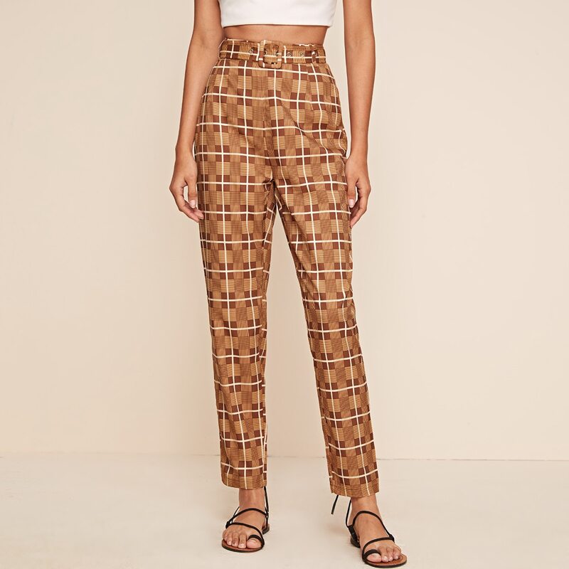 

Buckle Belted Plaid Pants, Multicolor